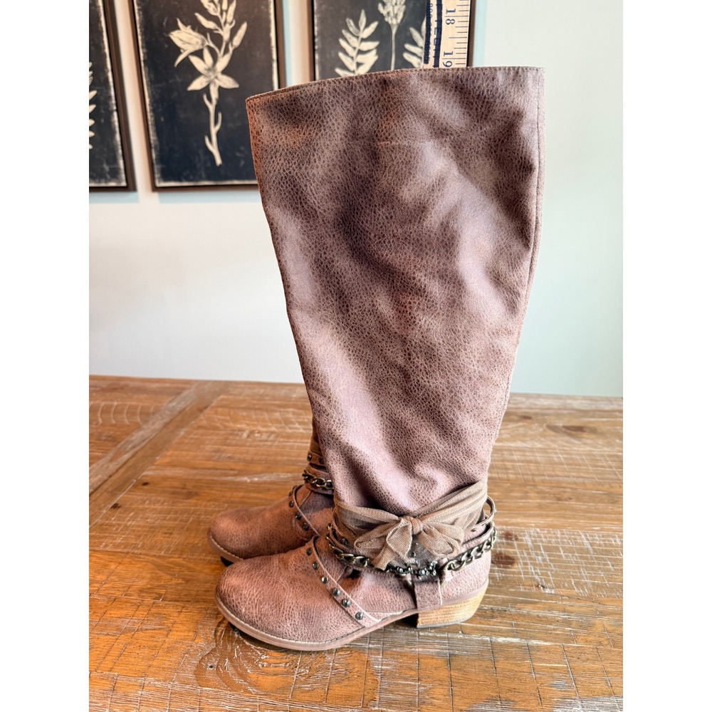 Not Rated Womens Brown Studded Chain Tall Boho Boots 8.5 Fall Distressed Zipper